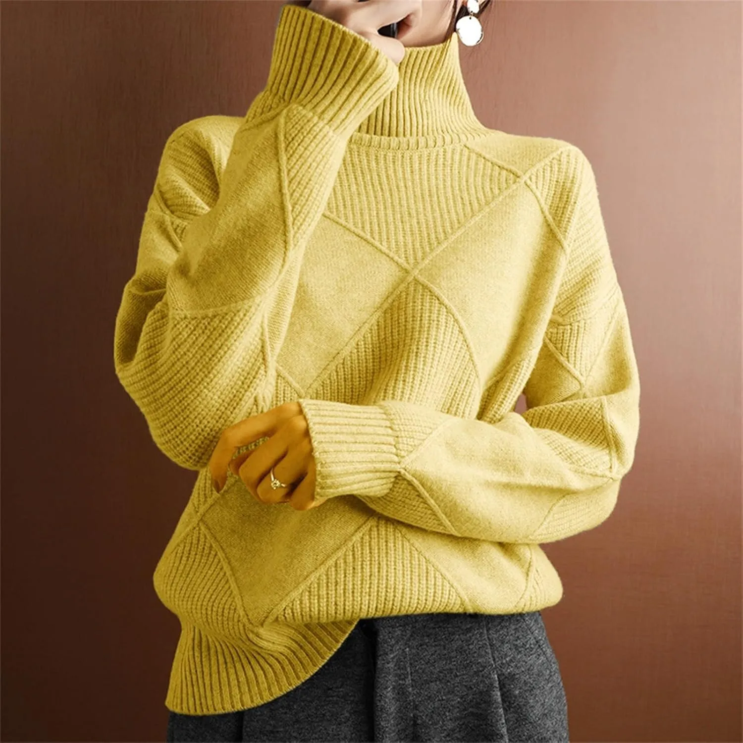 Womens 2024 Fashion Color Block Turtleneck Sweaters Casual Knit Pullover Cozy Long Sleeve Oversized Loose Jumper Tops