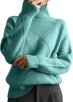 Womens 2024 Fashion Color Block Turtleneck Sweaters Casual Knit Pullover Cozy Long Sleeve Oversized Loose Jumper Tops
