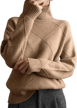 Womens 2024 Fashion Color Block Turtleneck Sweaters Casual Knit Pullover Cozy Long Sleeve Oversized Loose Jumper Tops