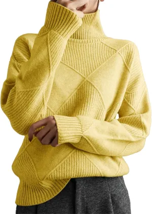 Womens 2024 Fashion Color Block Turtleneck Sweaters Casual Knit Pullover Cozy Long Sleeve Oversized Loose Jumper Tops
