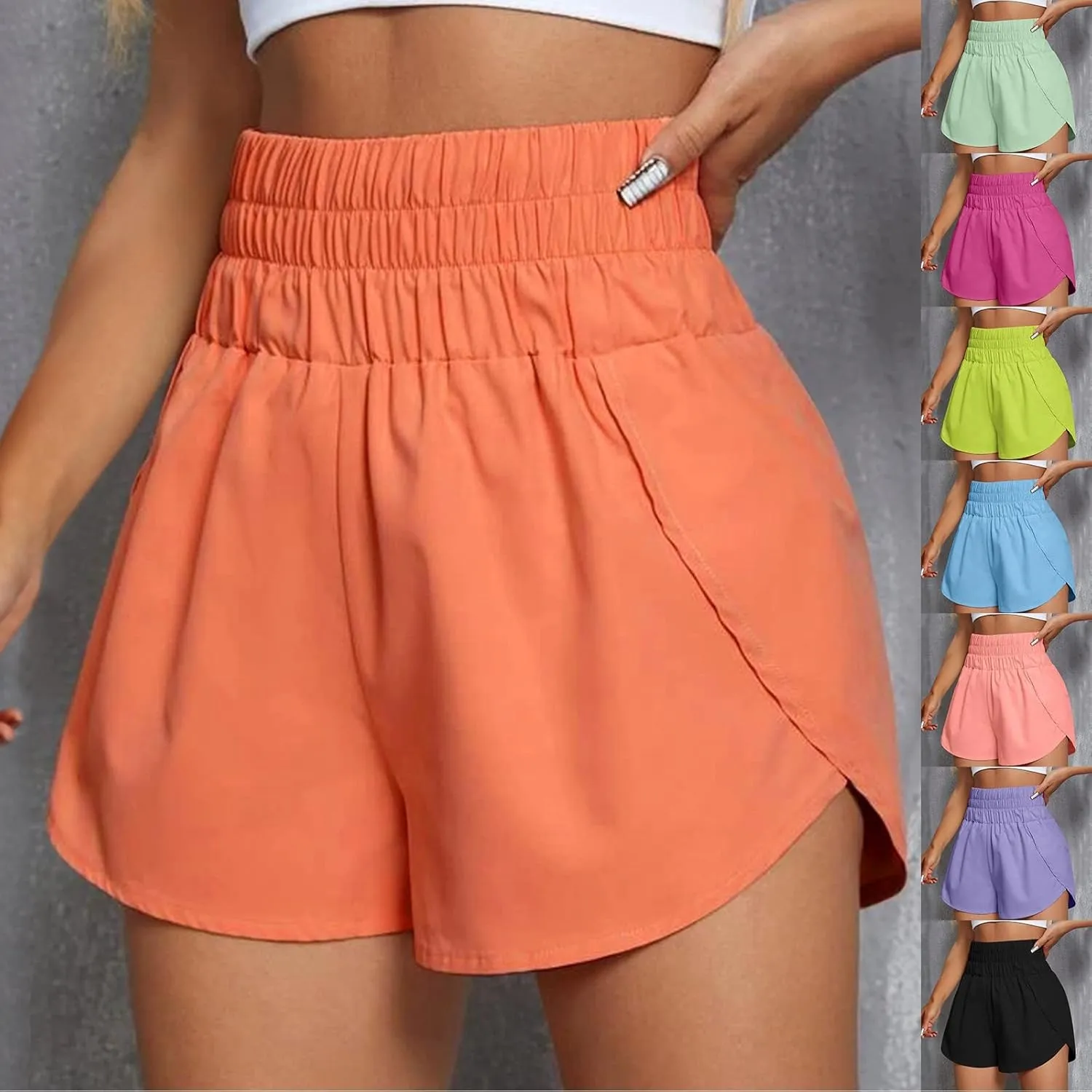 Women's Athletic Shorts High Waisted Running Shorts Pocket Sporty Short Gym Elastic Workout Shorts, XX-Large, Orange