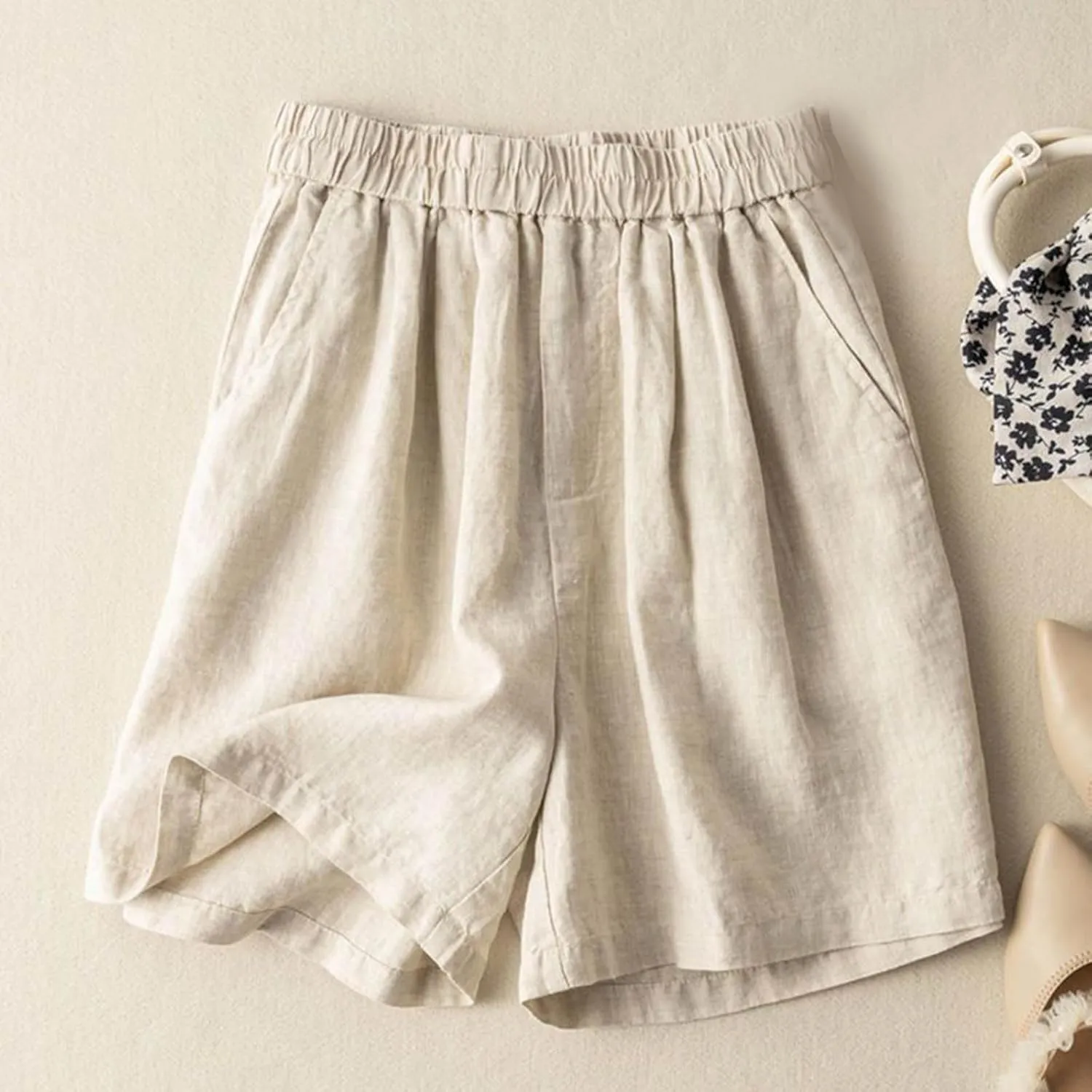 Women's Bermuda Shorts Casual Elastic High Waisted Workout Shorts Pockets Wide Leg Solid Color Outfits