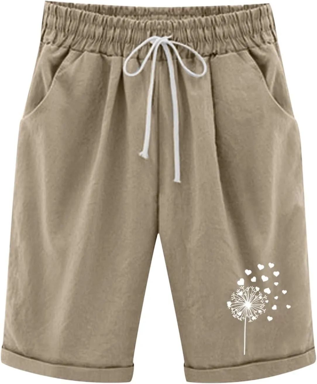 Women's Bermuda Shorts Linen Casual Baggy Drawstring Elastic High Waisted Floral Printed Shorts Summer Comfort Shorts