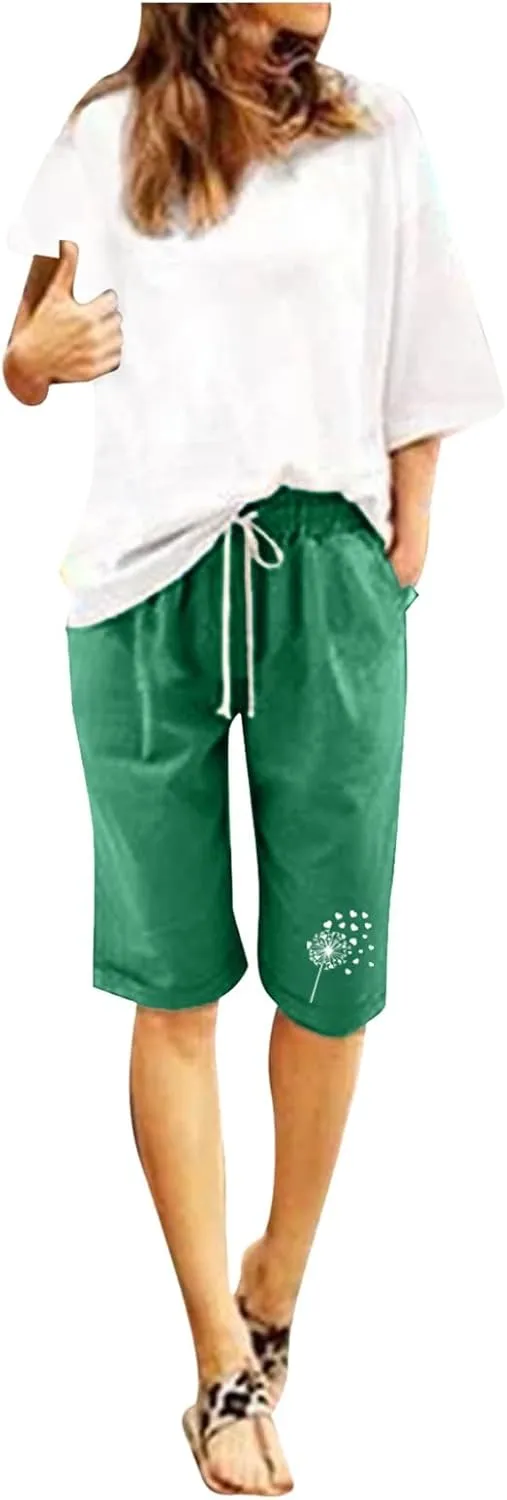 Women's Bermuda Shorts Linen Casual Baggy Drawstring Elastic High Waisted Floral Printed Shorts Summer Comfort Shorts