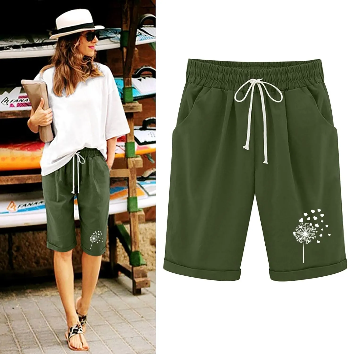 Women's Bermuda Shorts Linen Casual Baggy Drawstring Elastic High Waisted Floral Printed Shorts Summer Comfort Shorts