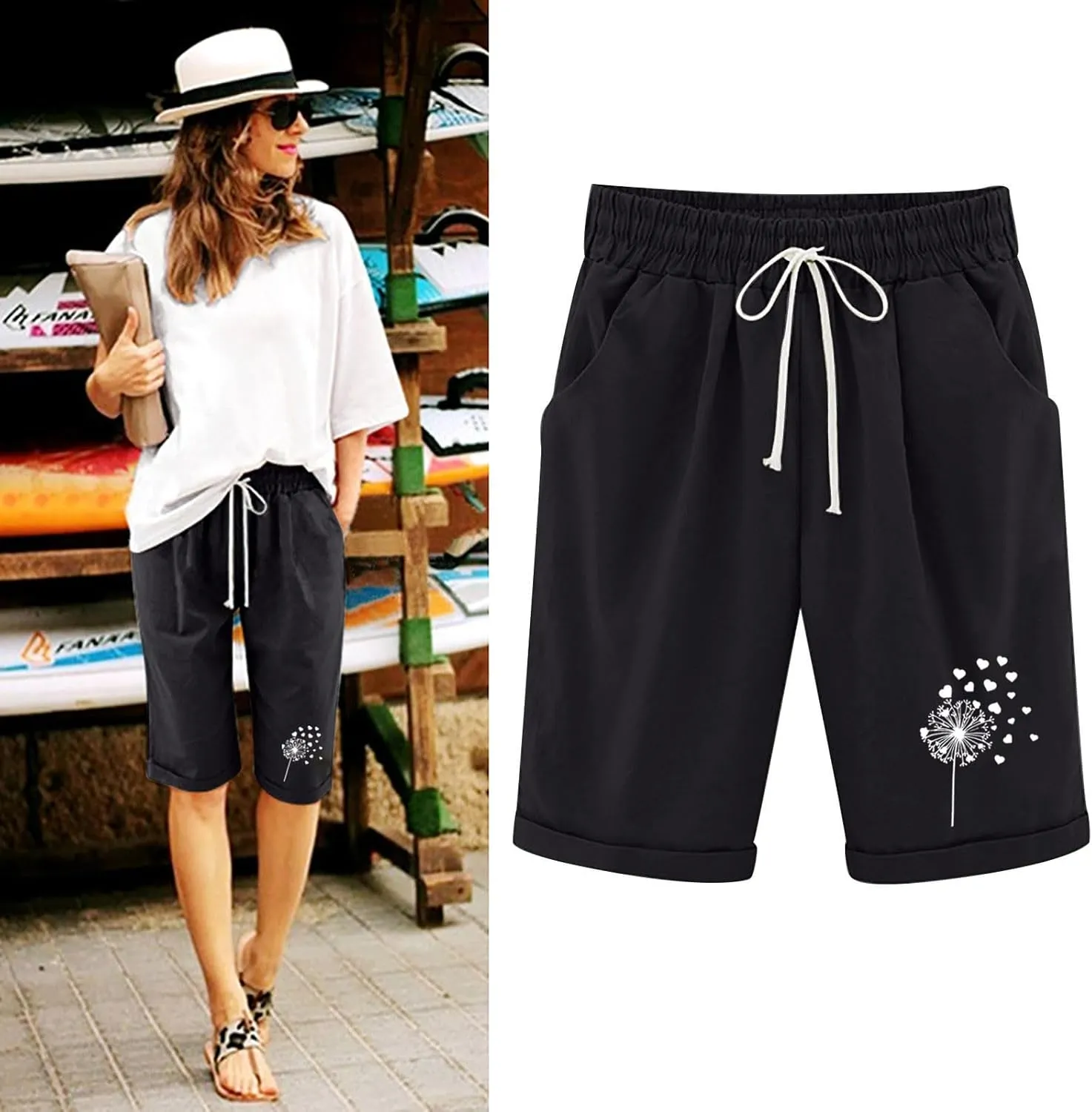 Women's Bermuda Shorts Linen Casual Baggy Drawstring Elastic High Waisted Floral Printed Shorts Summer Comfort Shorts