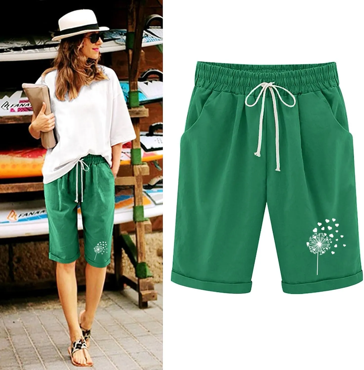 Women's Bermuda Shorts Linen Casual Baggy Drawstring Elastic High Waisted Floral Printed Shorts Summer Comfort Shorts