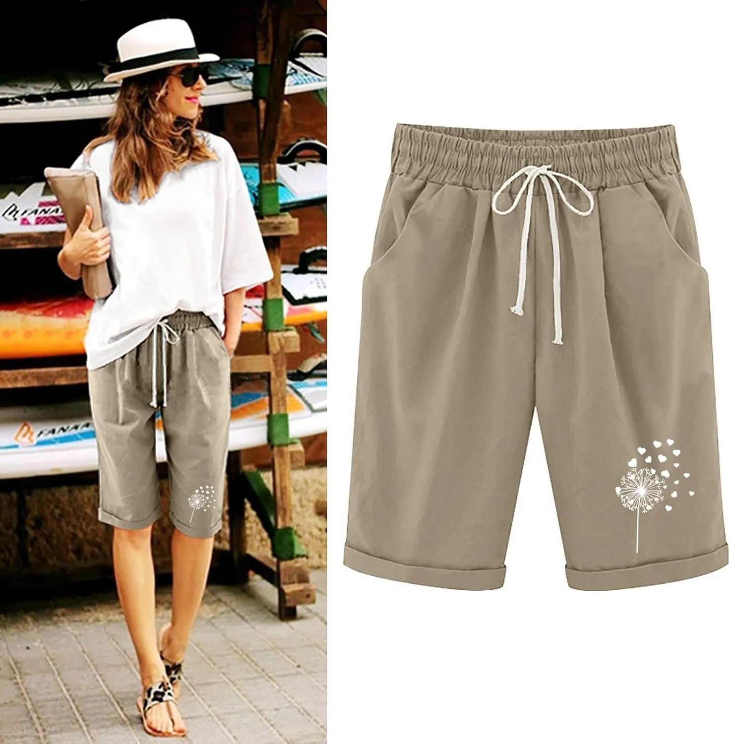 Women's Bermuda Shorts Linen Casual Baggy Drawstring Elastic High Waisted Floral Printed Shorts Summer Comfort Shorts