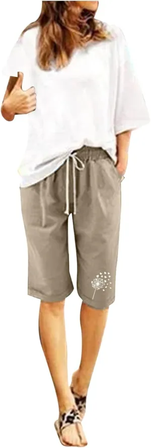 Women's Bermuda Shorts Linen Casual Baggy Drawstring Elastic High Waisted Floral Printed Shorts Summer Comfort Shorts