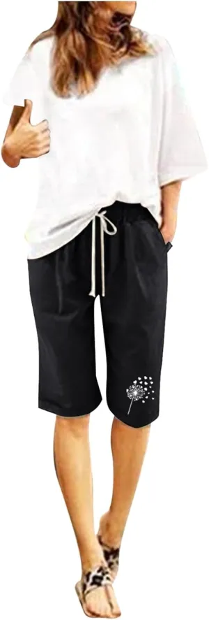 Women's Bermuda Shorts Linen Casual Baggy Drawstring Elastic High Waisted Floral Printed Shorts Summer Comfort Shorts