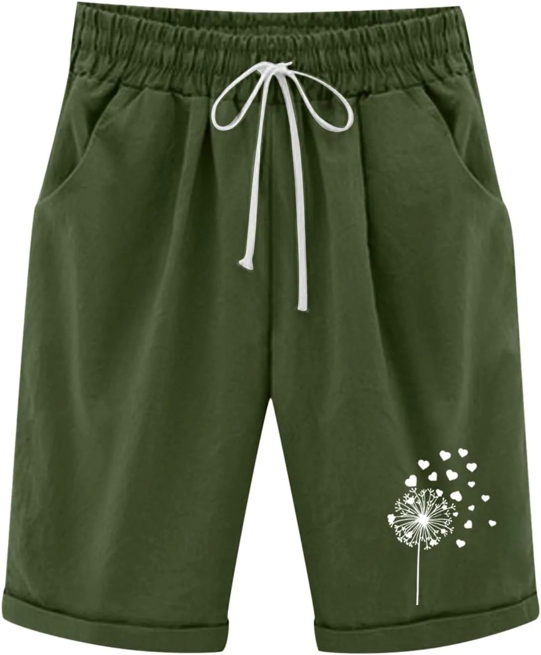 Women's Bermuda Shorts Linen Casual Baggy Drawstring Elastic High Waisted Floral Printed Shorts Summer Comfort Shorts