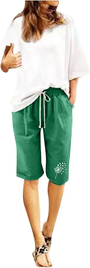 Women's Bermuda Shorts Linen Casual Baggy Drawstring Elastic High Waisted Floral Printed Shorts Summer Comfort Shorts