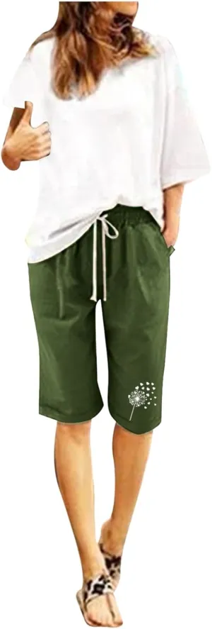 Women's Bermuda Shorts Linen Casual Baggy Drawstring Elastic High Waisted Floral Printed Shorts Summer Comfort Shorts