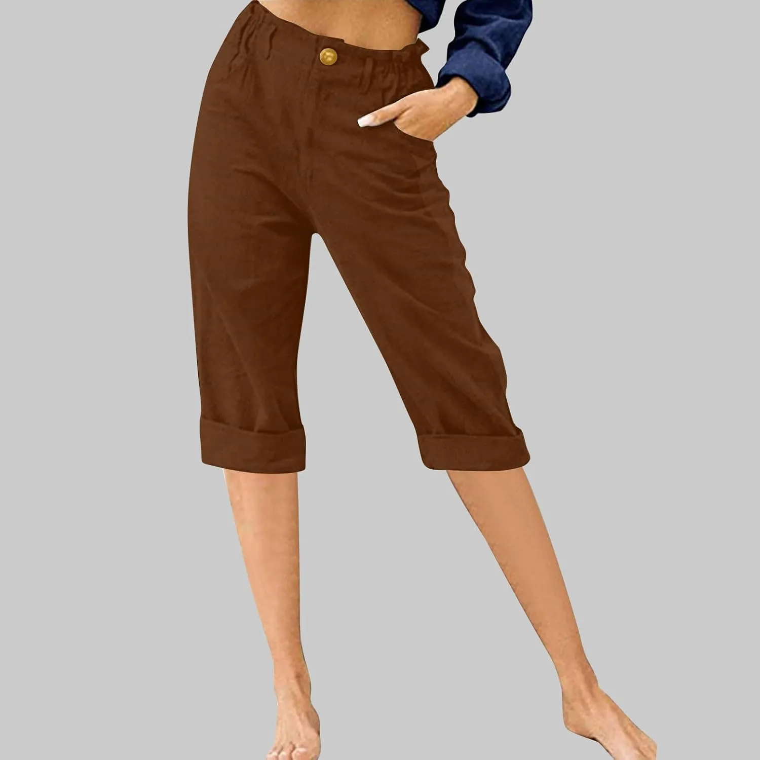 Women's Bermuda Shorts Summer Elastic High Waisted Workout Hiking Pants Button Down Straight Leg Pants