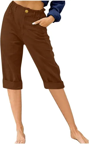 Women's Bermuda Shorts Summer Elastic High Waisted Workout Hiking Pants Button Down Straight Leg Pants
