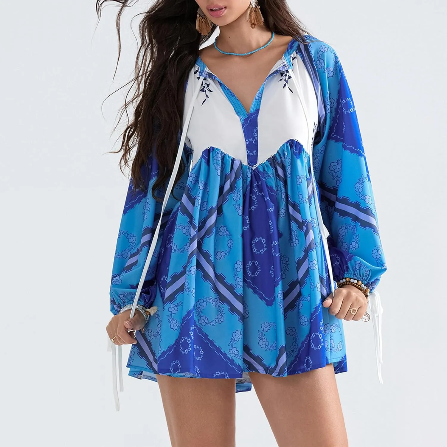 Womens Bohemian Puff Sleeve Dress Boho V-Neck Ruffle Hem Loost Fit Mini Dress Floral Flowy Ruffle Tiered Short Dress