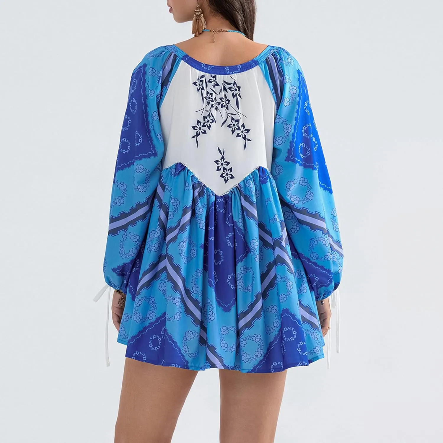 Womens Bohemian Puff Sleeve Dress Boho V-Neck Ruffle Hem Loost Fit Mini Dress Floral Flowy Ruffle Tiered Short Dress