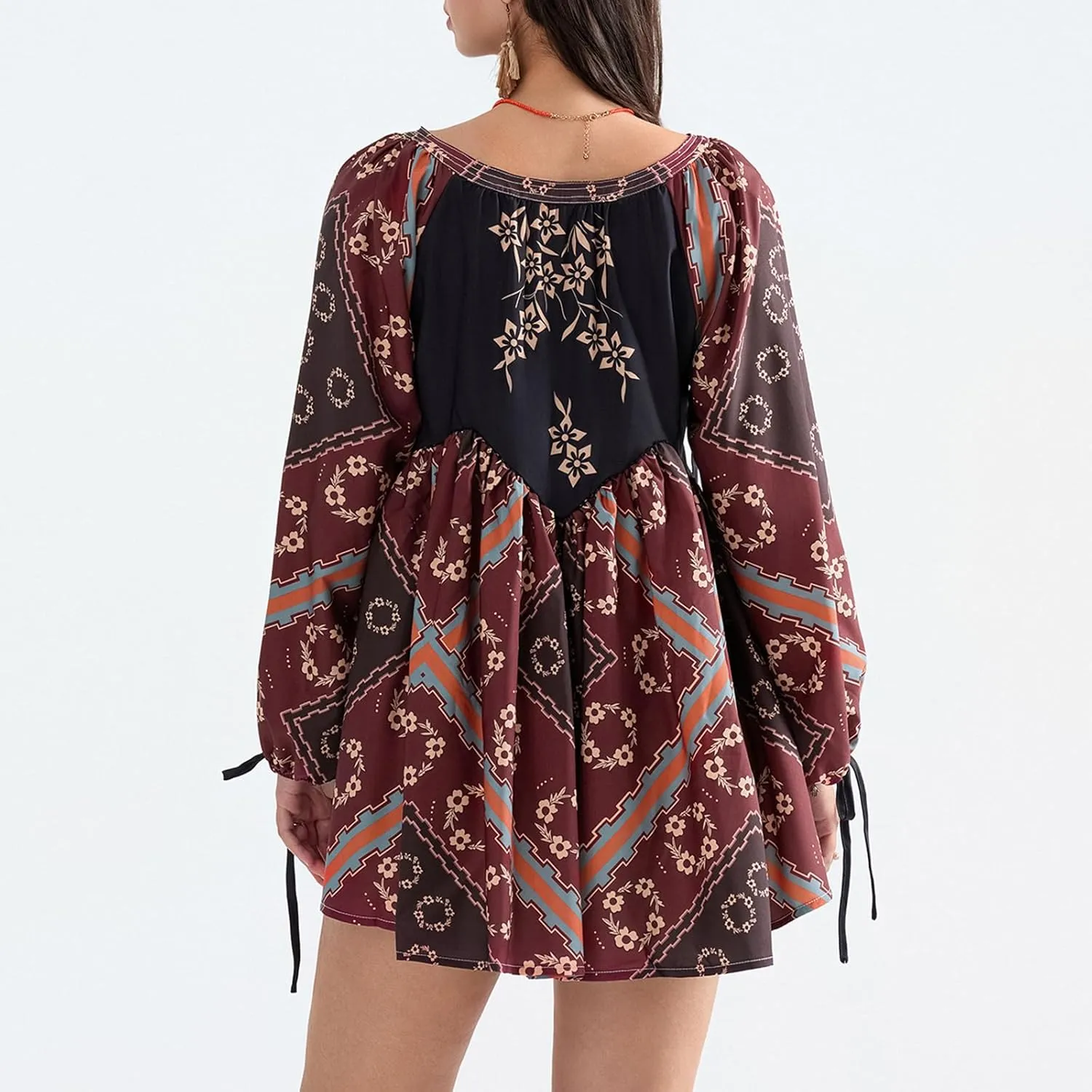 Womens Bohemian Puff Sleeve Dress Boho V-Neck Ruffle Hem Loost Fit Mini Dress Floral Flowy Ruffle Tiered Short Dress