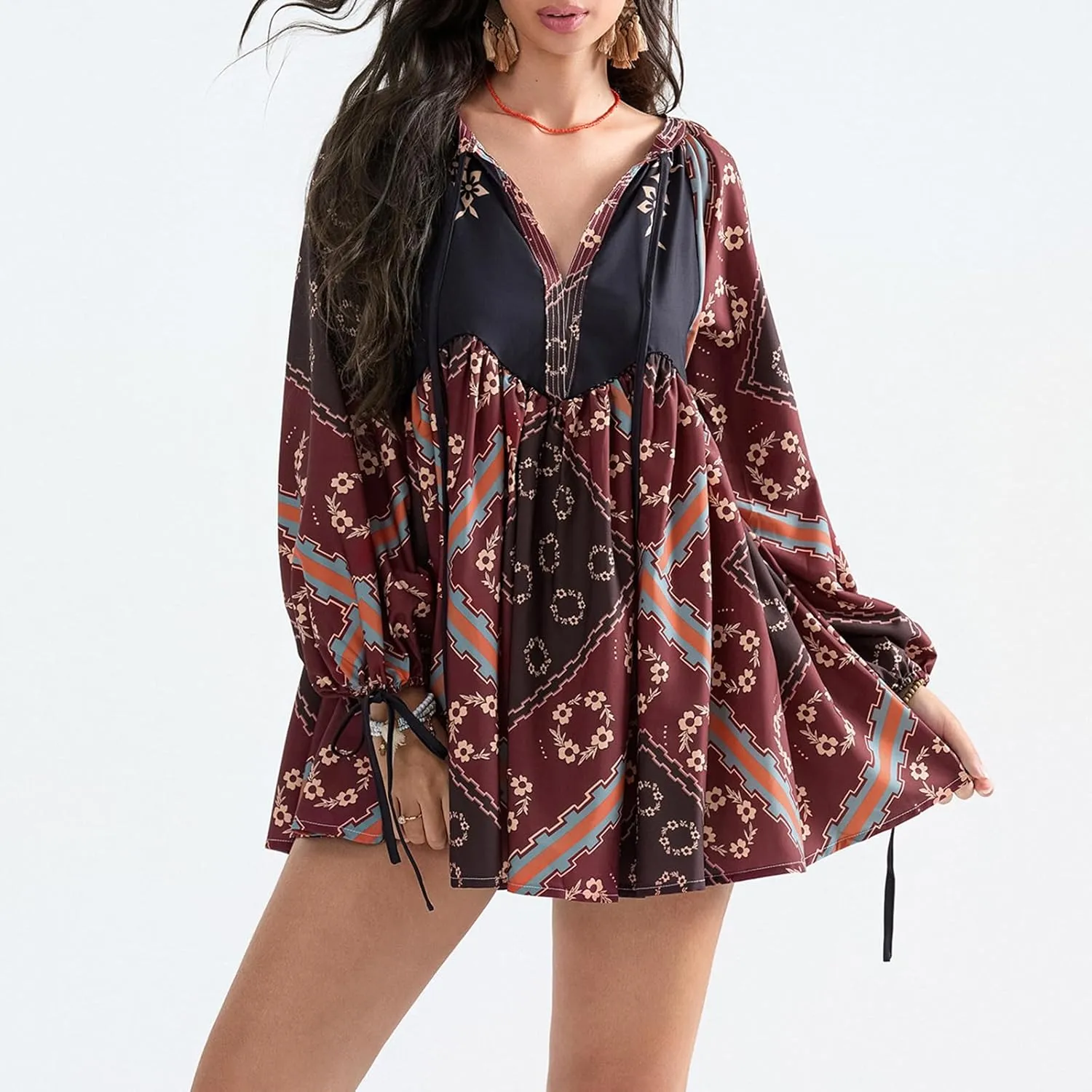 Womens Bohemian Puff Sleeve Dress Boho V-Neck Ruffle Hem Loost Fit Mini Dress Floral Flowy Ruffle Tiered Short Dress