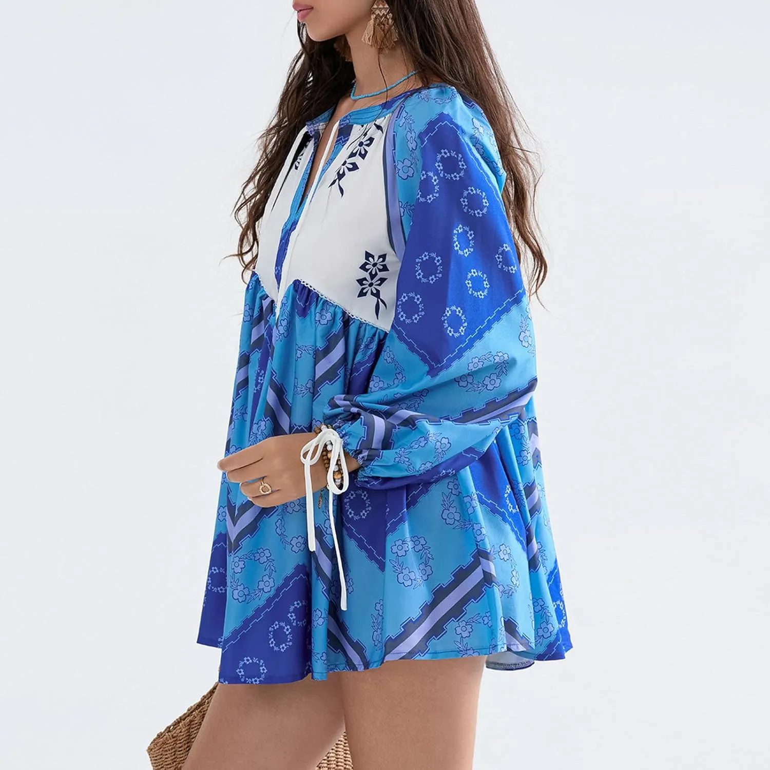 Womens Bohemian Puff Sleeve Dress Boho V-Neck Ruffle Hem Loost Fit Mini Dress Floral Flowy Ruffle Tiered Short Dress