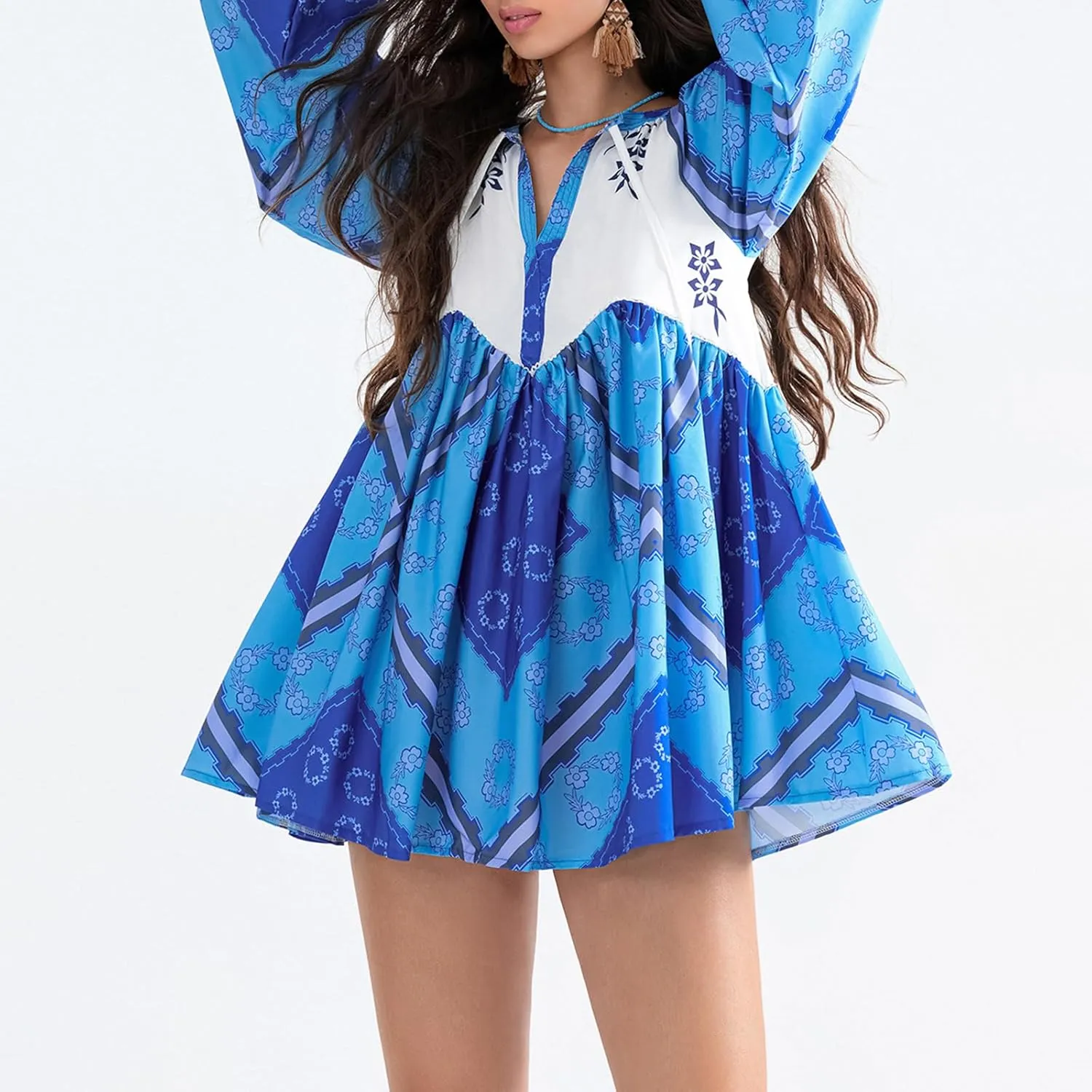 Womens Bohemian Puff Sleeve Dress Boho V-Neck Ruffle Hem Loost Fit Mini Dress Floral Flowy Ruffle Tiered Short Dress