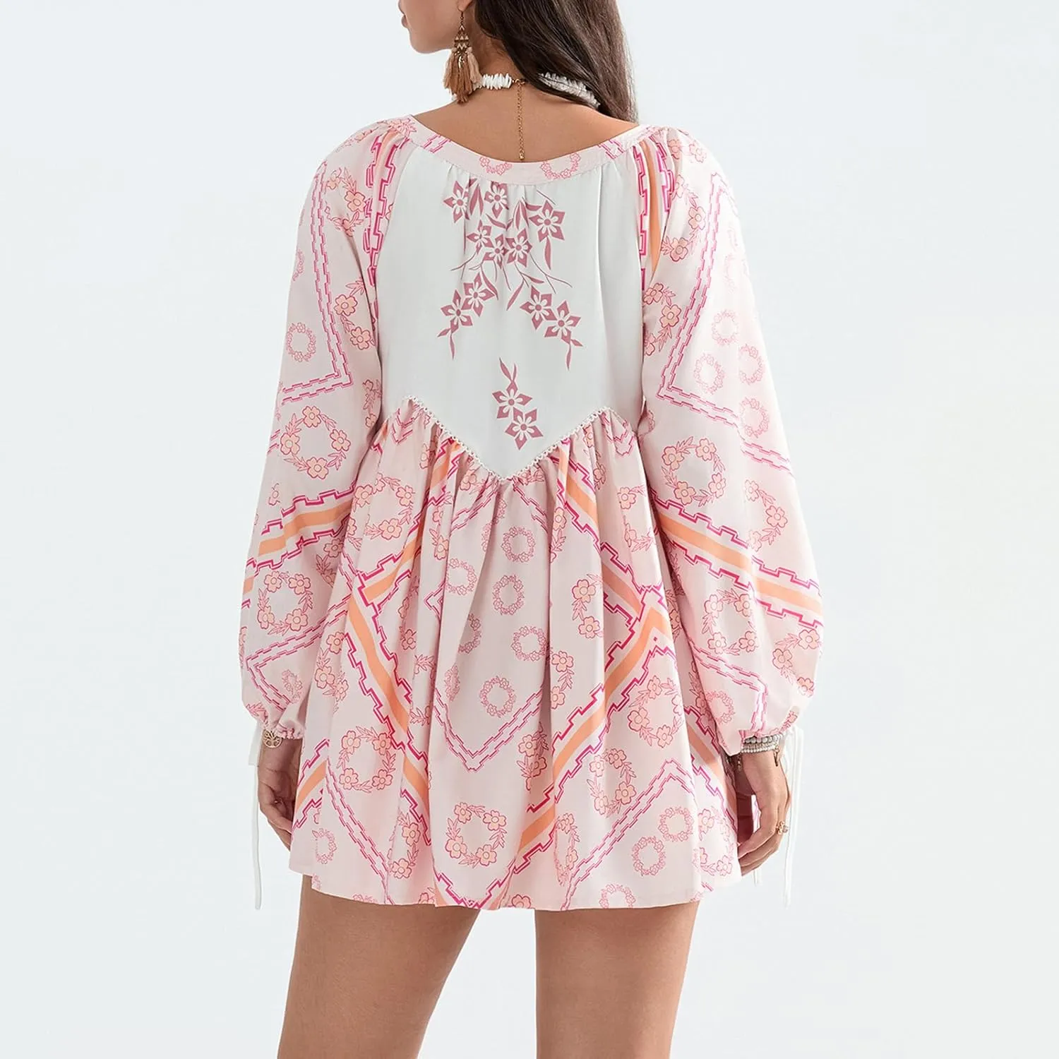 Womens Bohemian Puff Sleeve Dress Boho V-Neck Ruffle Hem Loost Fit Mini Dress Floral Flowy Ruffle Tiered Short Dress