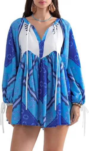 Womens Bohemian Puff Sleeve Dress Boho V-Neck Ruffle Hem Loost Fit Mini Dress Floral Flowy Ruffle Tiered Short Dress