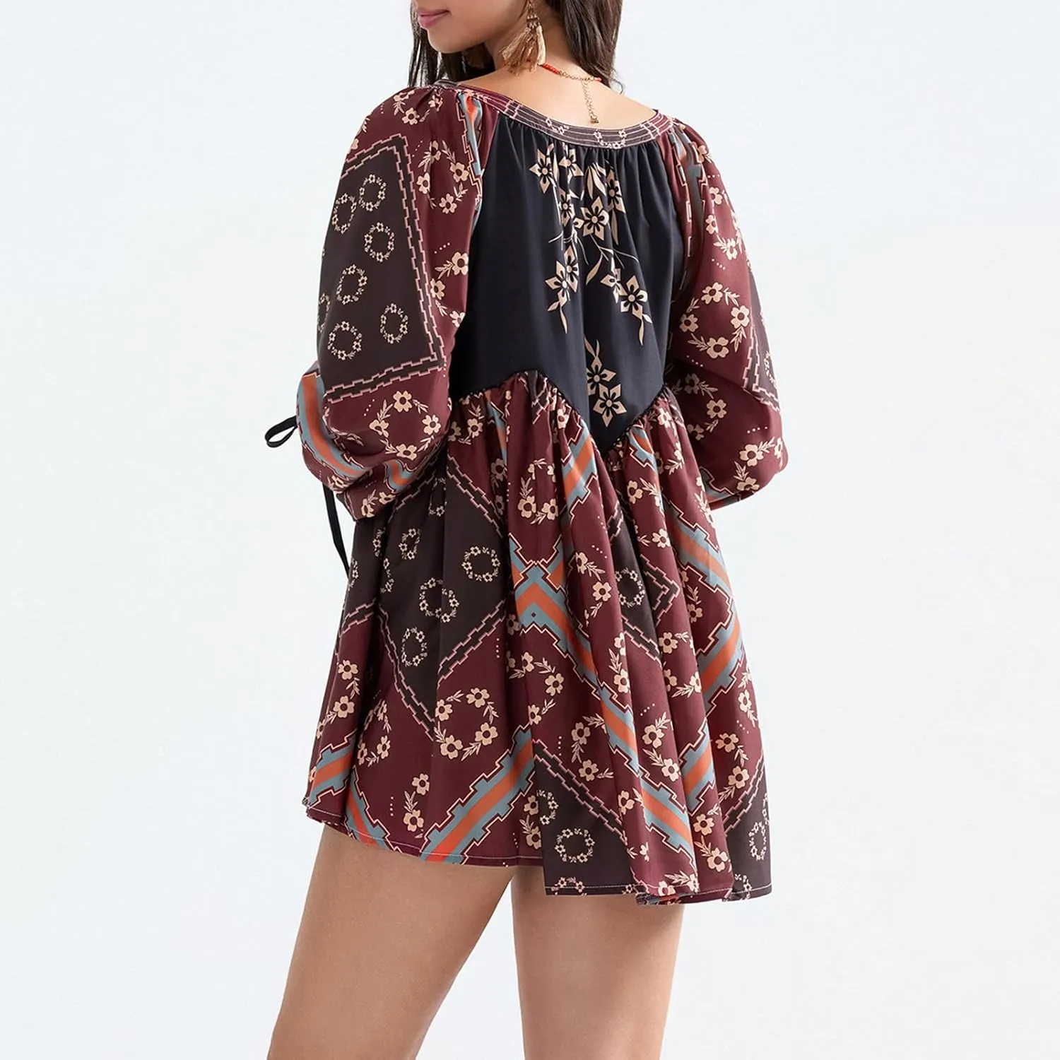 Womens Bohemian Puff Sleeve Dress Boho V-Neck Ruffle Hem Loost Fit Mini Dress Floral Flowy Ruffle Tiered Short Dress
