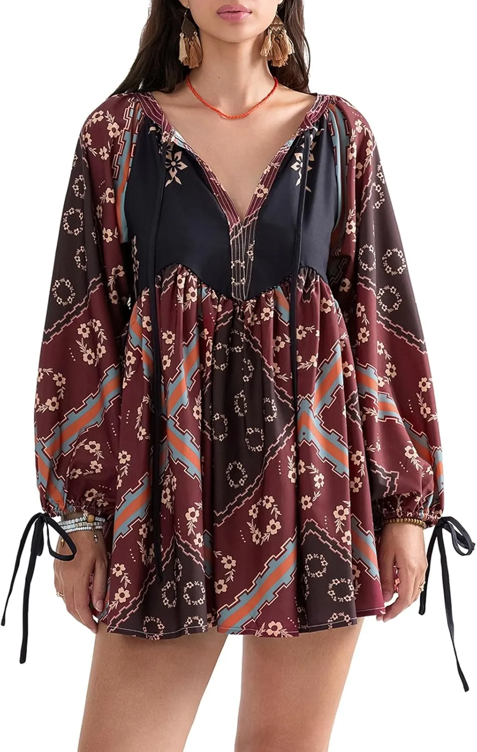 Womens Bohemian Puff Sleeve Dress Boho V-Neck Ruffle Hem Loost Fit Mini Dress Floral Flowy Ruffle Tiered Short Dress