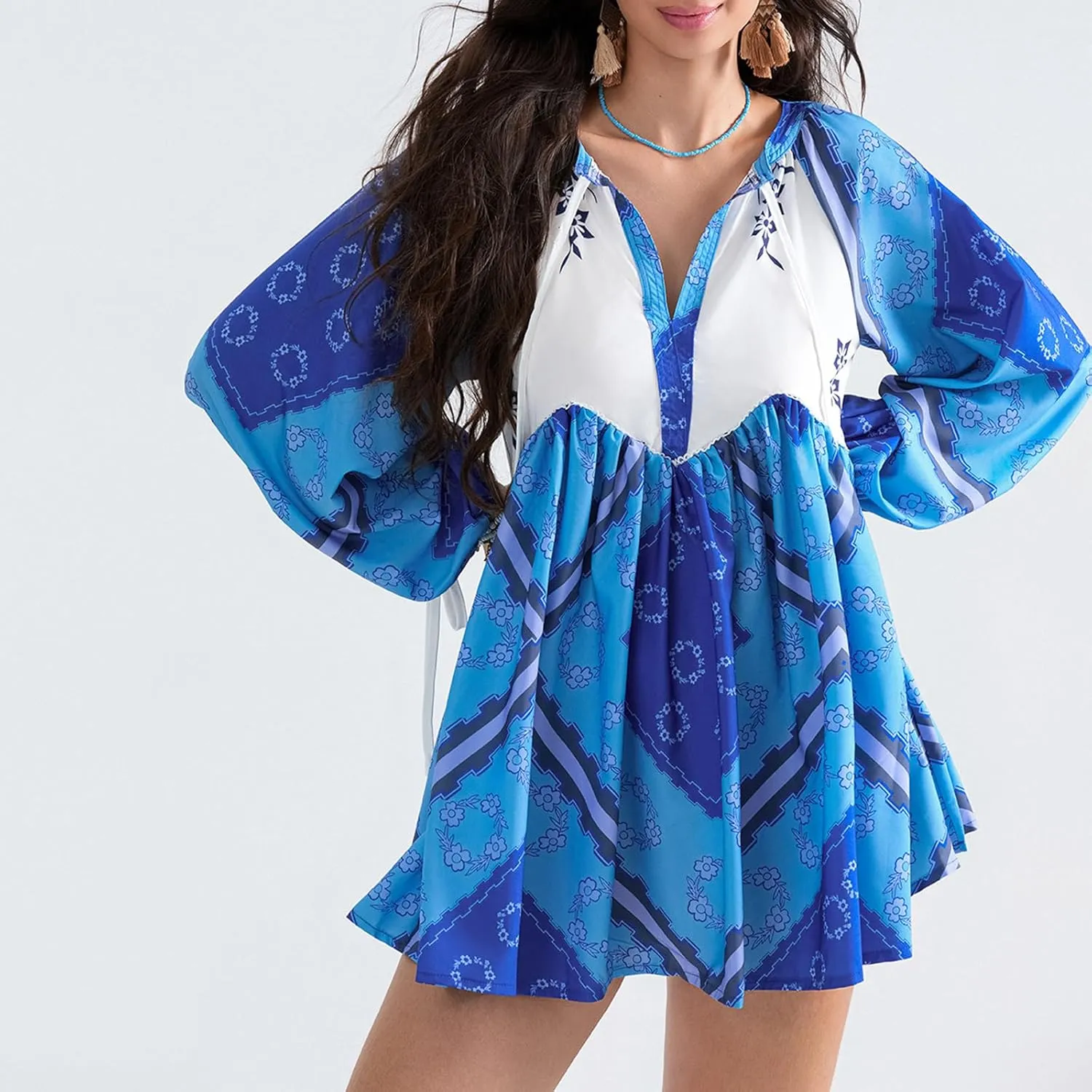 Womens Bohemian Puff Sleeve Dress Boho V-Neck Ruffle Hem Loost Fit Mini Dress Floral Flowy Ruffle Tiered Short Dress