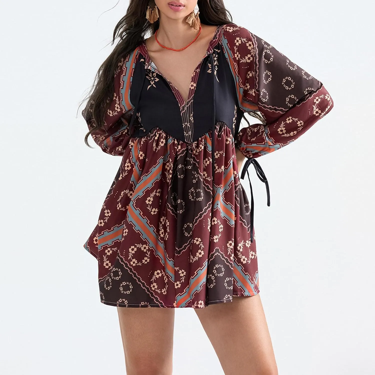 Womens Bohemian Puff Sleeve Dress Boho V-Neck Ruffle Hem Loost Fit Mini Dress Floral Flowy Ruffle Tiered Short Dress