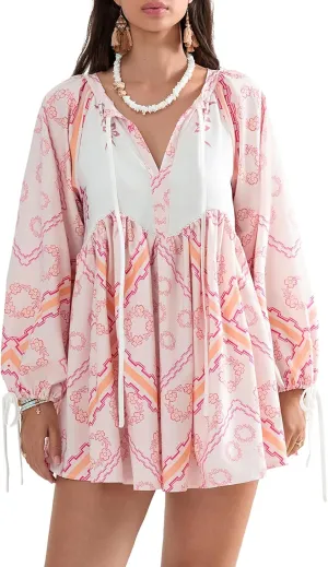 Womens Bohemian Puff Sleeve Dress Boho V-Neck Ruffle Hem Loost Fit Mini Dress Floral Flowy Ruffle Tiered Short Dress