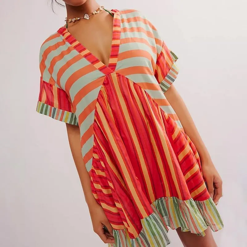 Womens Boho Mini Dress Y2k Floral Deep V-Neck Puff Sleeve Short Dresses 2024 Summer Causal Beach Sundress