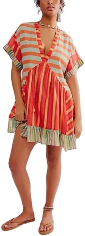 Womens Boho Mini Dress Y2k Floral Deep V-Neck Puff Sleeve Short Dresses 2024 Summer Causal Beach Sundress