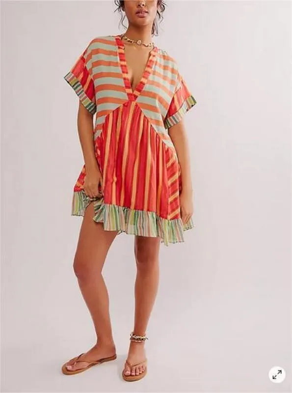 Womens Boho Mini Dress Y2k Floral Deep V-Neck Puff Sleeve Short Dresses 2024 Summer Causal Beach Sundress