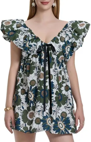 Womens Boho Mini Dress Y2k Floral Puff Sleeve Babydoll Dress Deep V Neck Bow Tie Front Backless Beach Sundress