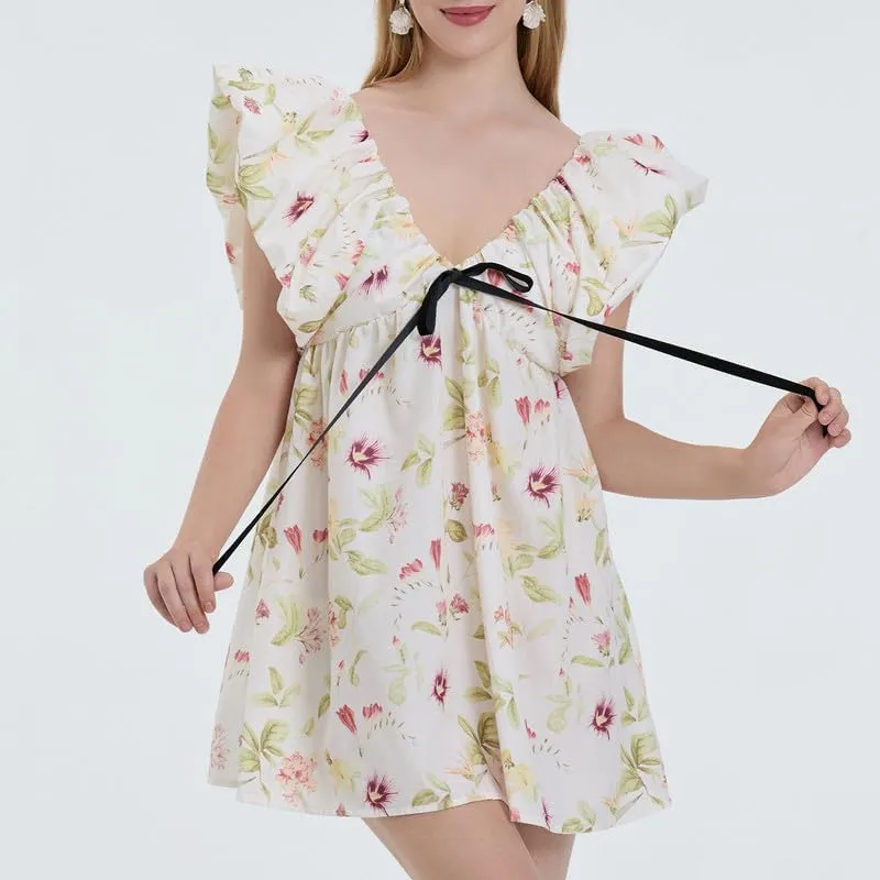 Womens Boho Mini Dress Y2k Floral Puff Sleeve Babydoll Dress Deep V Neck Bow Tie Front Backless Beach Sundress