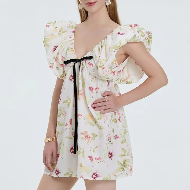 Womens Boho Mini Dress Y2k Floral Puff Sleeve Babydoll Dress Deep V Neck Bow Tie Front Backless Beach Sundress