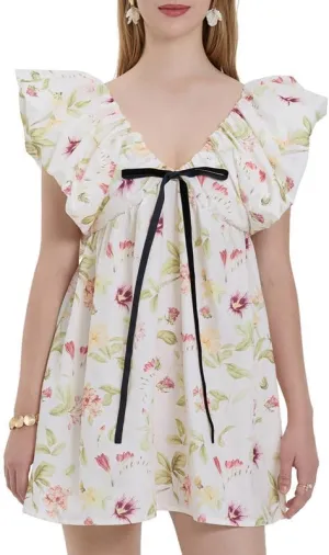 Womens Boho Mini Dress Y2k Floral Puff Sleeve Babydoll Dress Deep V Neck Bow Tie Front Backless Beach Sundress