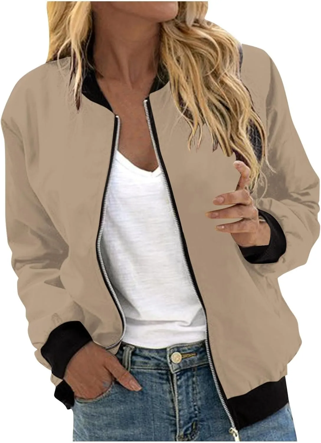 Women's Bomber Jacket Casual Zip Up Coat Lightweight Jacket Fall Fashion Long Sleeve Outerwear Windbreaker w/Pockets