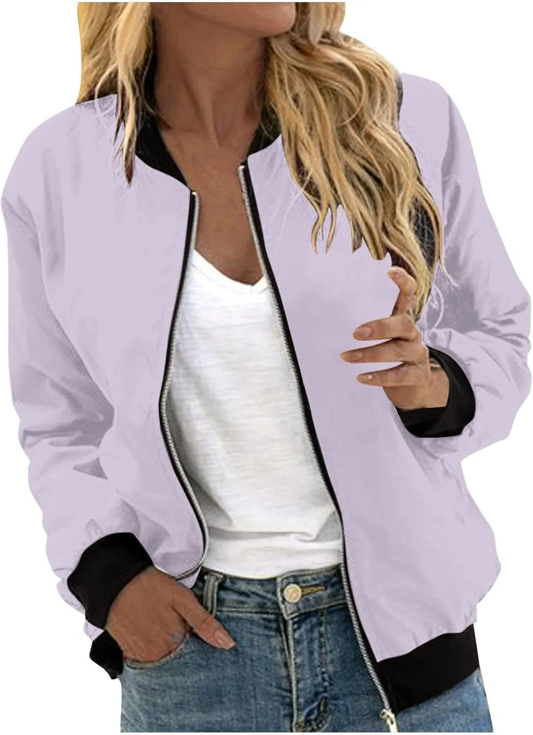 Women's Bomber Jacket Casual Zip Up Coat Lightweight Jacket Fall Fashion Long Sleeve Outerwear Windbreaker w/Pockets