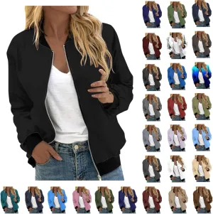 Women's Bomber Jacket Casual Zip Up Coat Lightweight Jacket Fall Fashion Long Sleeve Outerwear Windbreaker w/Pockets