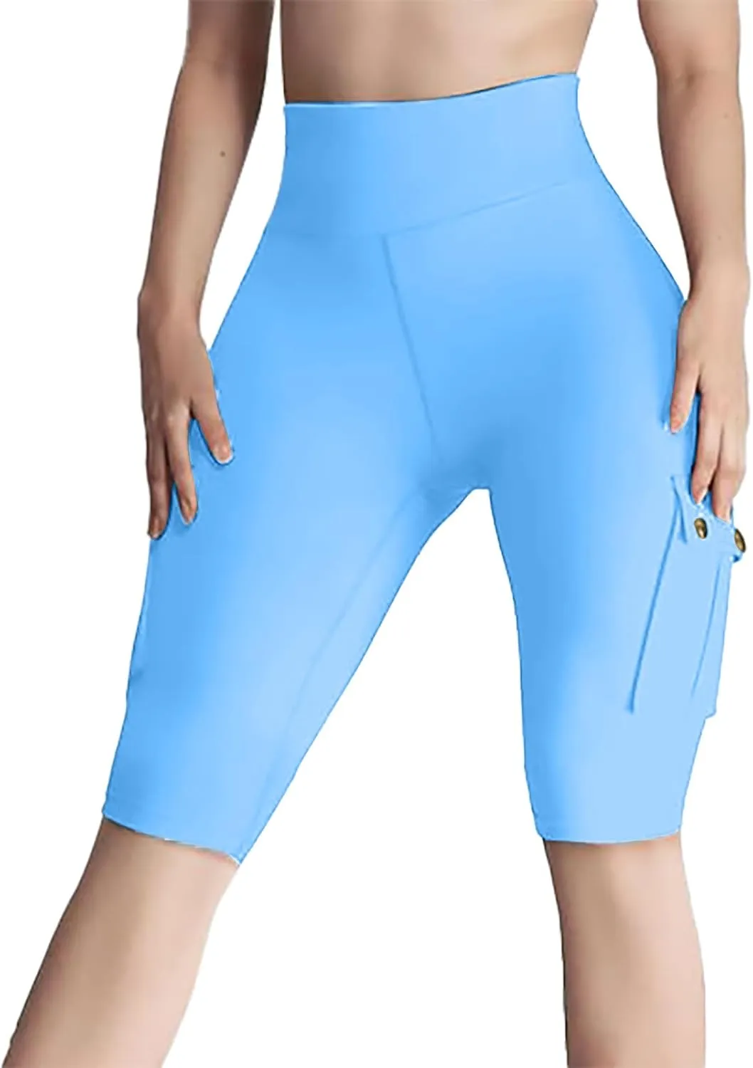 Womens Cargo Shorts with Back Flap Pockets Knee Length Butt Lifting High Waisted Long Biker Yoga Shorts Legging