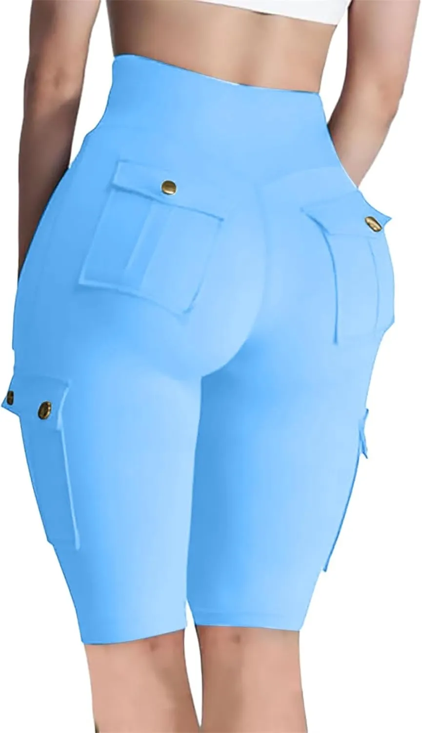 Womens Cargo Shorts with Back Flap Pockets Knee Length Butt Lifting High Waisted Long Biker Yoga Shorts Legging