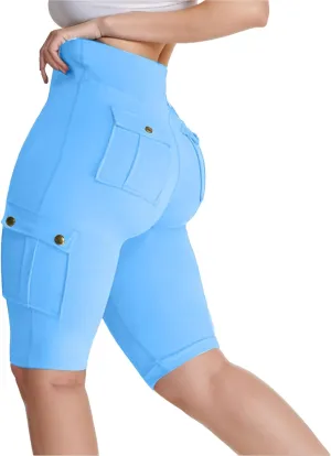 Womens Cargo Shorts with Back Flap Pockets Knee Length Butt Lifting High Waisted Long Biker Yoga Shorts Legging