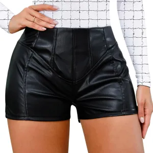 Womens Casual Faux Leather Hot Pants High Waist Stretchy Shorts