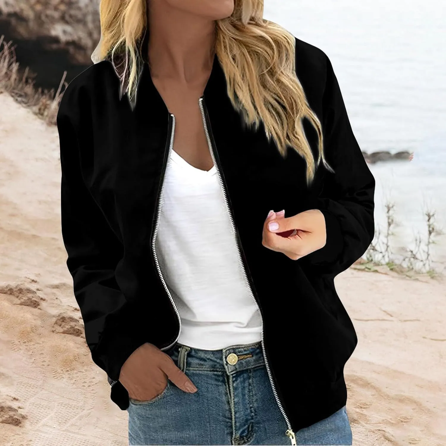 Women's Casual Floral Zip Up Bomber Jacket Spring Long Sleeve Coat Stand Collar Lightweight Short Outwear Tops