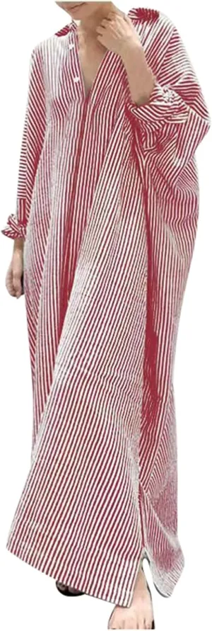 Womens Casual Long Sleeve Button Down Loose Striped Cotton Maxi Shirt Dress Sundress Split Maxi Long Beach Dress Shirt Dress