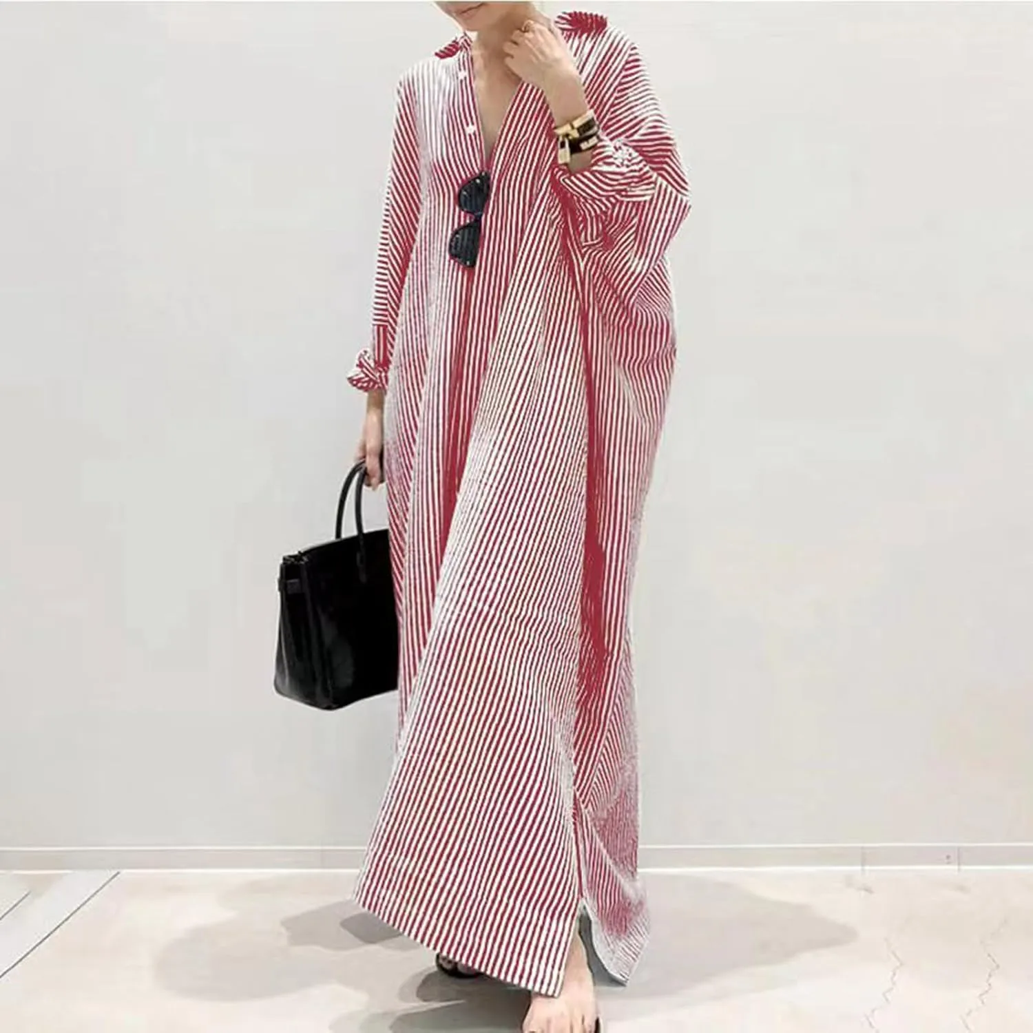 Womens Casual Long Sleeve Button Down Loose Striped Cotton Maxi Shirt Dress Sundress Split Maxi Long Beach Dress Shirt Dress