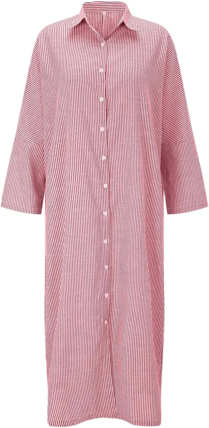 Womens Casual Long Sleeve Button Down Loose Striped Cotton Maxi Shirt Dress Sundress Split Maxi Long Beach Dress Shirt Dress
